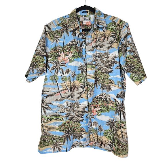 Reyn Spooner L Tropical Hawaiian Shirt Button Front Short Sleeve Beach Palm Tree - Picture 1 of 3